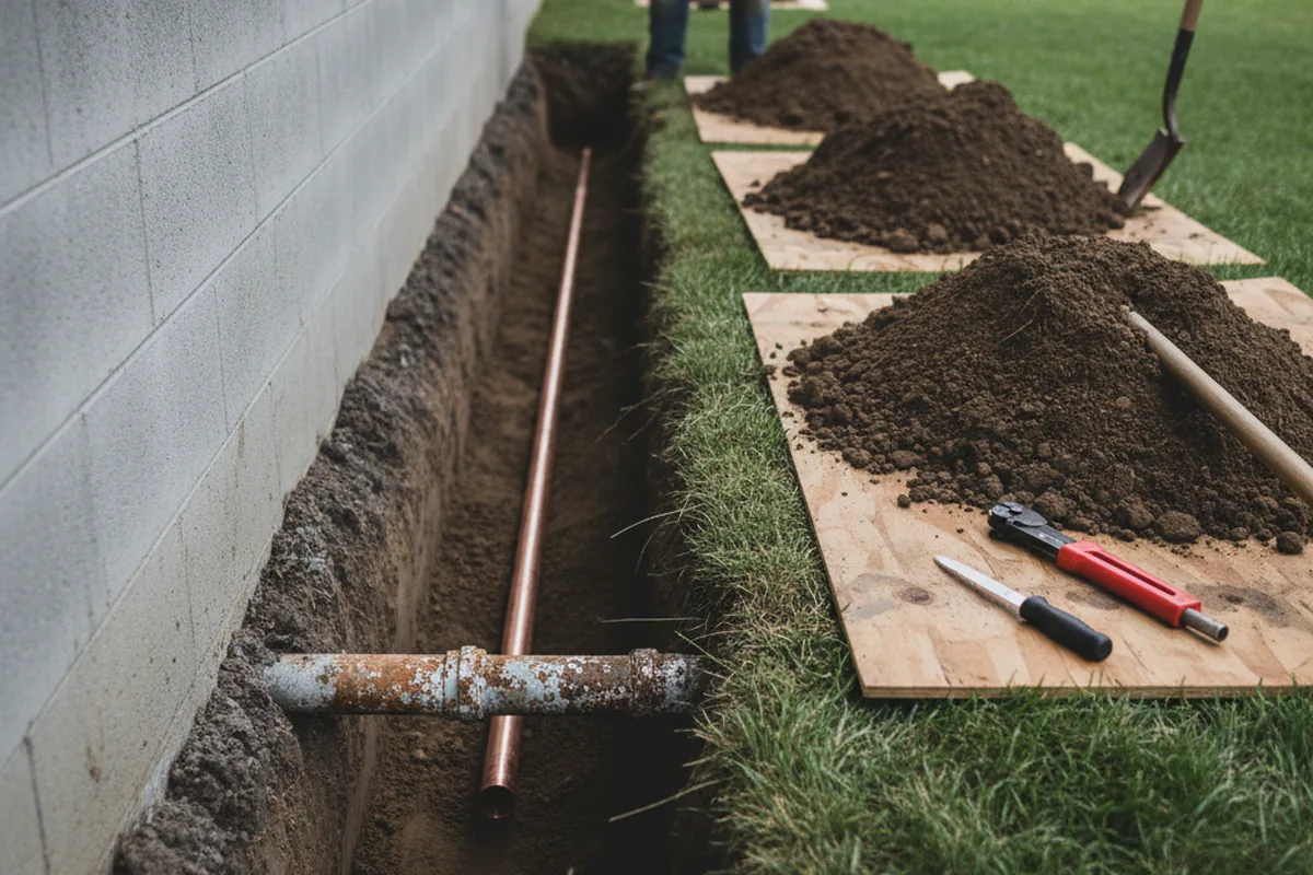 Excavated water line trench during Water Softener Installation in Aberdeen Proving Ground